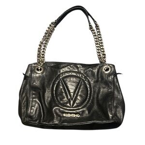Valentino Black Leather Bag Tote with Silver Chain Straps Mario soft and slouchy